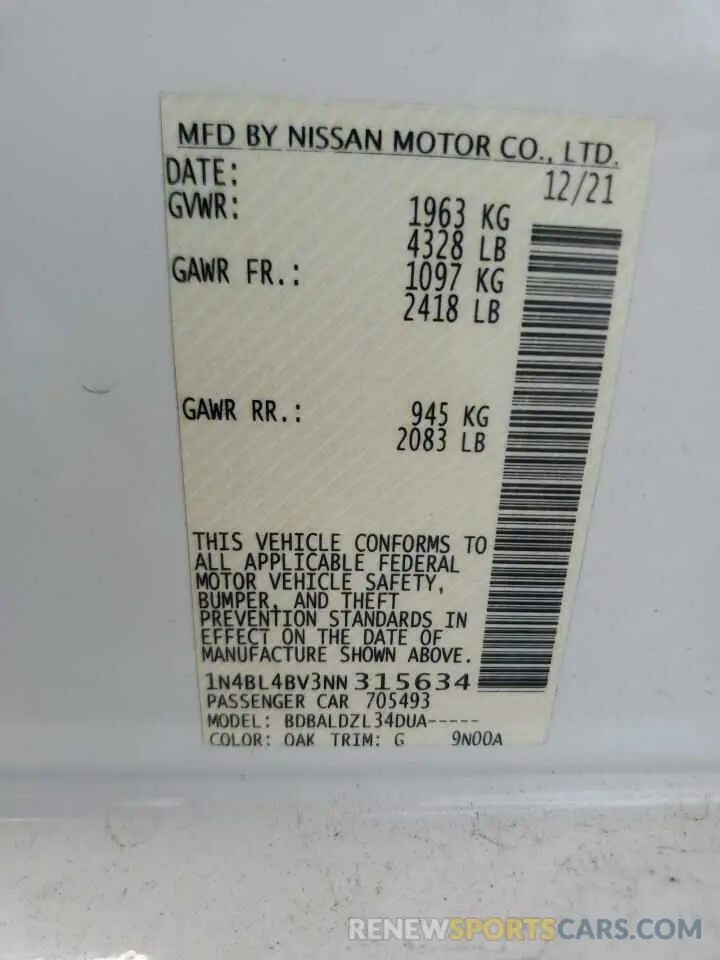 13 Photograph of a damaged car 1N4BL4BV3NN315634 NISSAN ALTIMA 2022