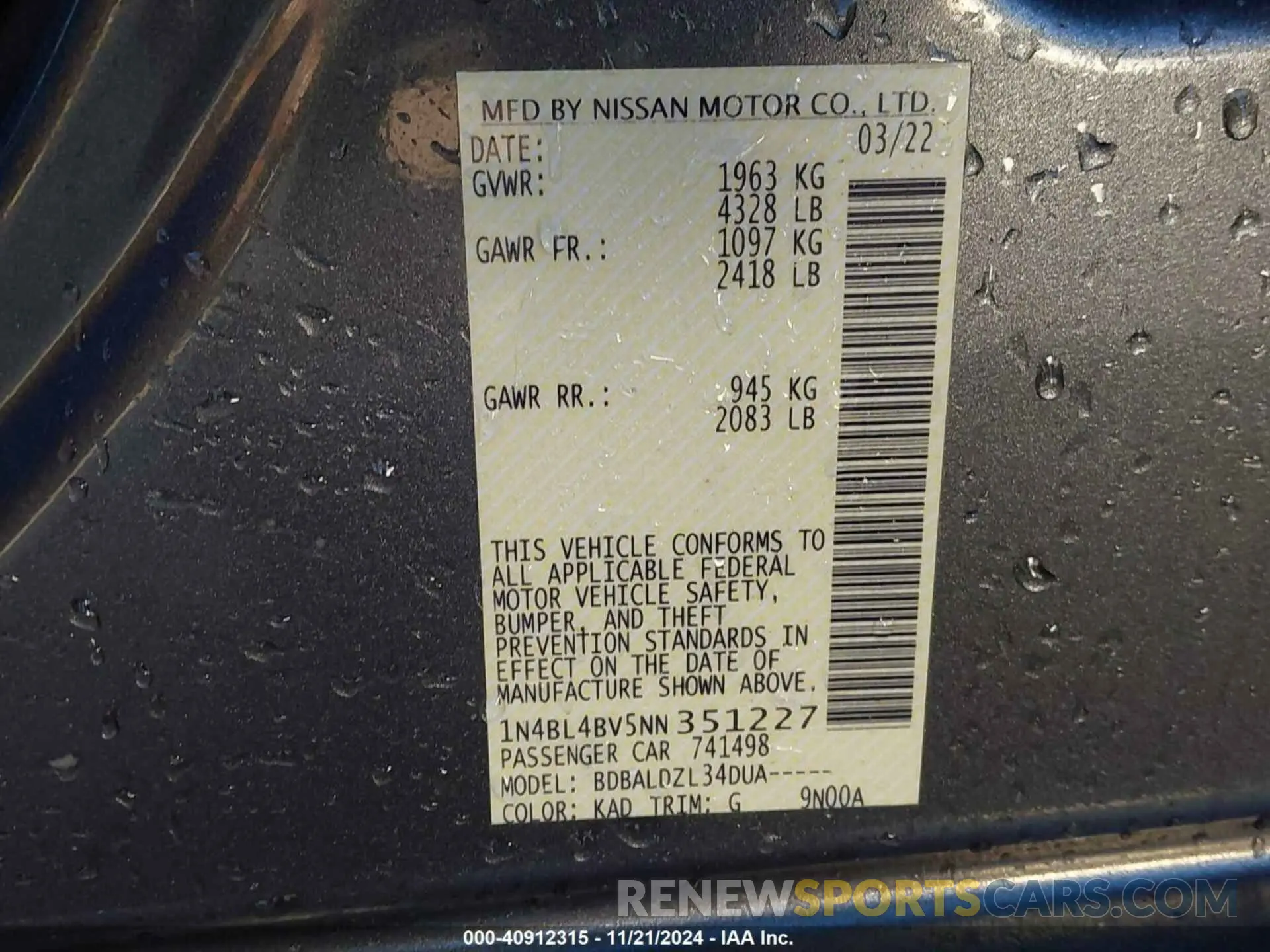 9 Фотография поврежденного автомобиля 1N4BL4BV5NN351227 NISSAN ALTIMA 2022