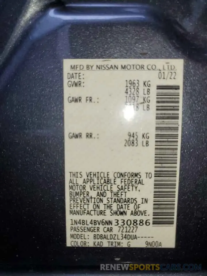 12 Фотография поврежденного автомобиля 1N4BL4BV6NN330886 NISSAN ALTIMA 2022