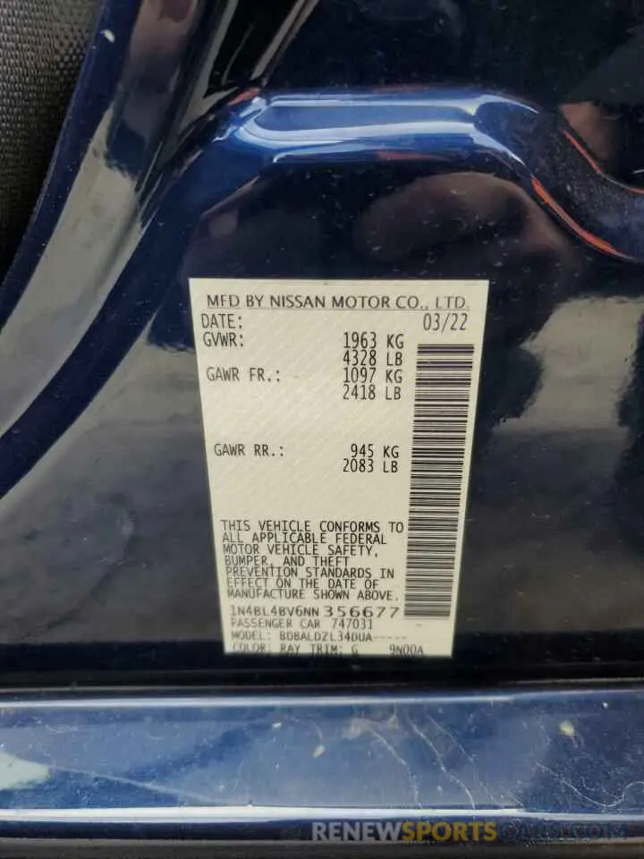 12 Фотография поврежденного автомобиля 1N4BL4BV6NN356677 NISSAN ALTIMA 2022