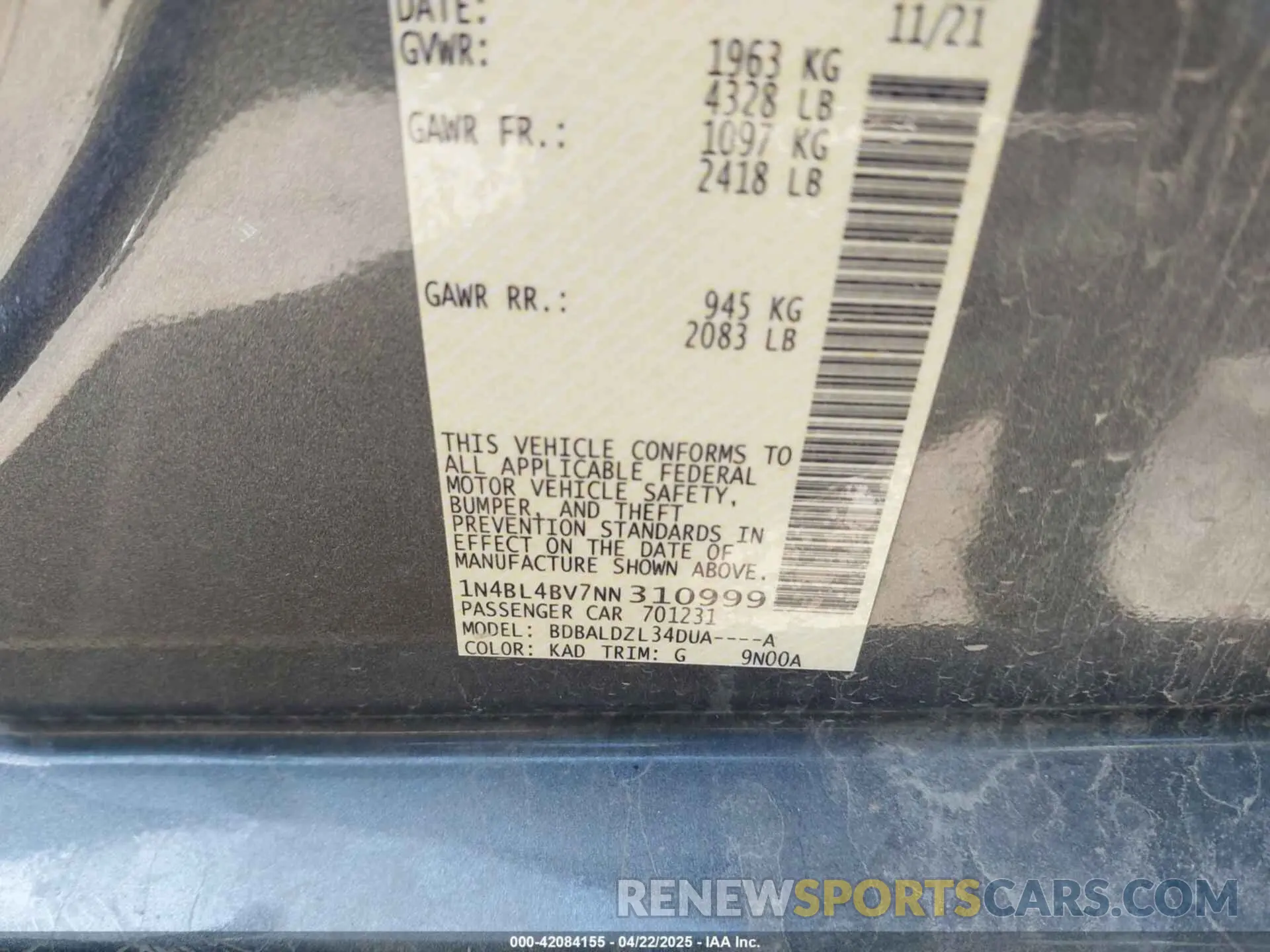 9 Photograph of a damaged car 1N4BL4BV7NN310999 NISSAN ALTIMA 2022