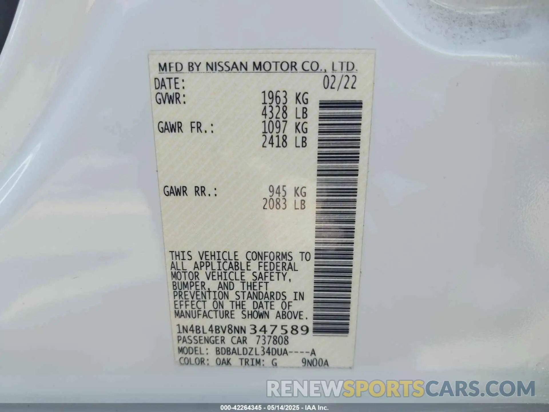 9 Photograph of a damaged car 1N4BL4BV8NN347589 NISSAN ALTIMA 2022