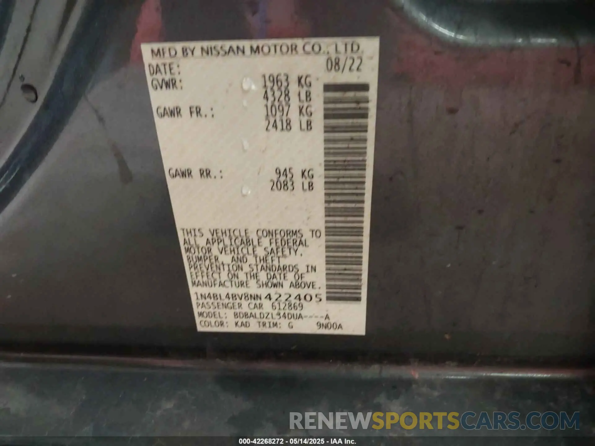 9 Фотография поврежденного автомобиля 1N4BL4BV8NN422405 NISSAN ALTIMA 2022