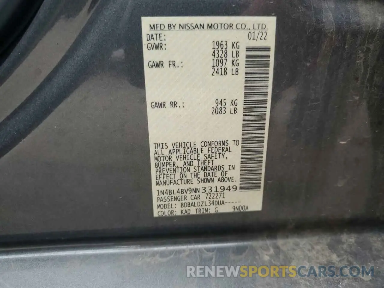 13 Фотография поврежденного автомобиля 1N4BL4BV9NN331949 NISSAN ALTIMA 2022