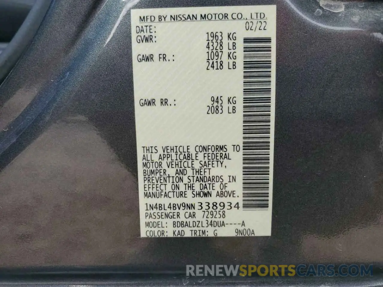 13 Photograph of a damaged car 1N4BL4BV9NN338934 NISSAN ALTIMA 2022
