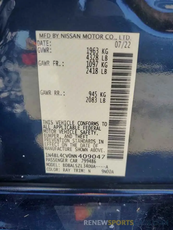 12 Фотография поврежденного автомобиля 1N4BL4CV0NN409047 NISSAN ALTIMA 2022