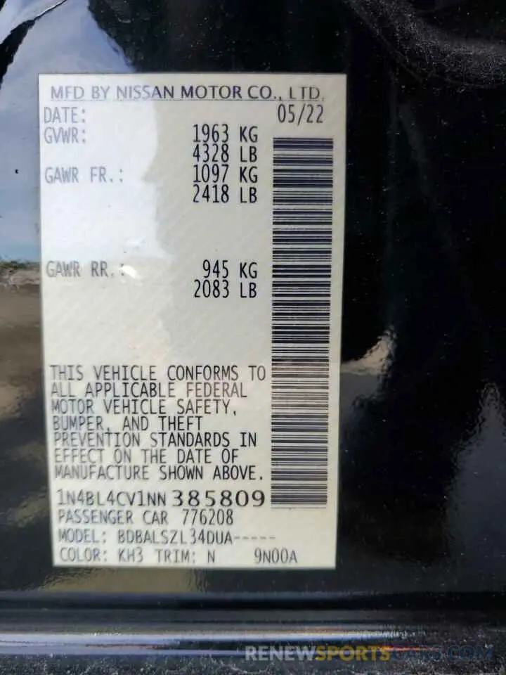 12 Фотография поврежденного автомобиля 1N4BL4CV1NN385809 NISSAN ALTIMA 2022