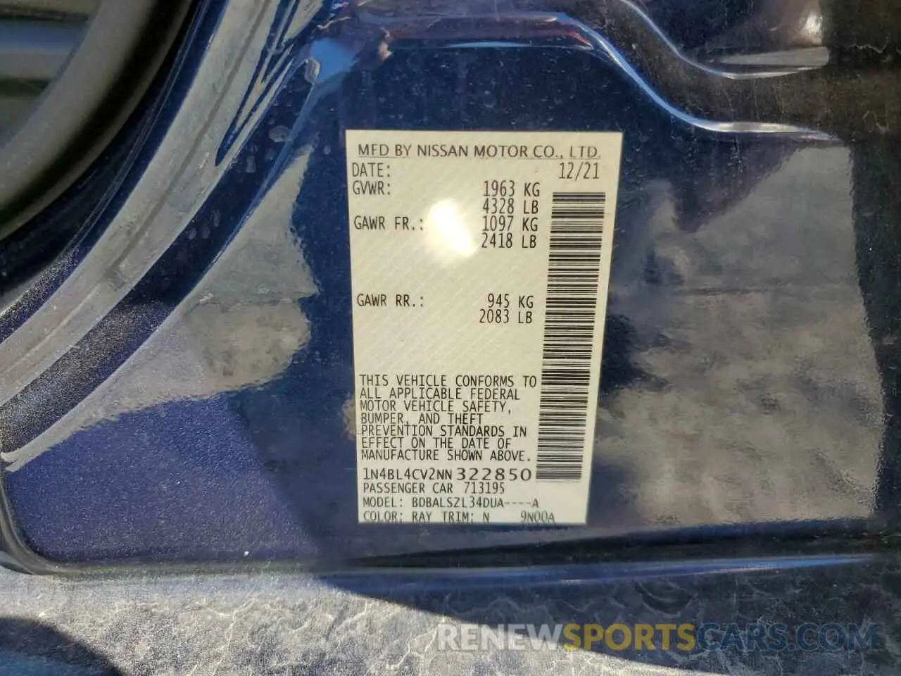 12 Photograph of a damaged car 1N4BL4CV2NN322850 NISSAN ALTIMA 2022