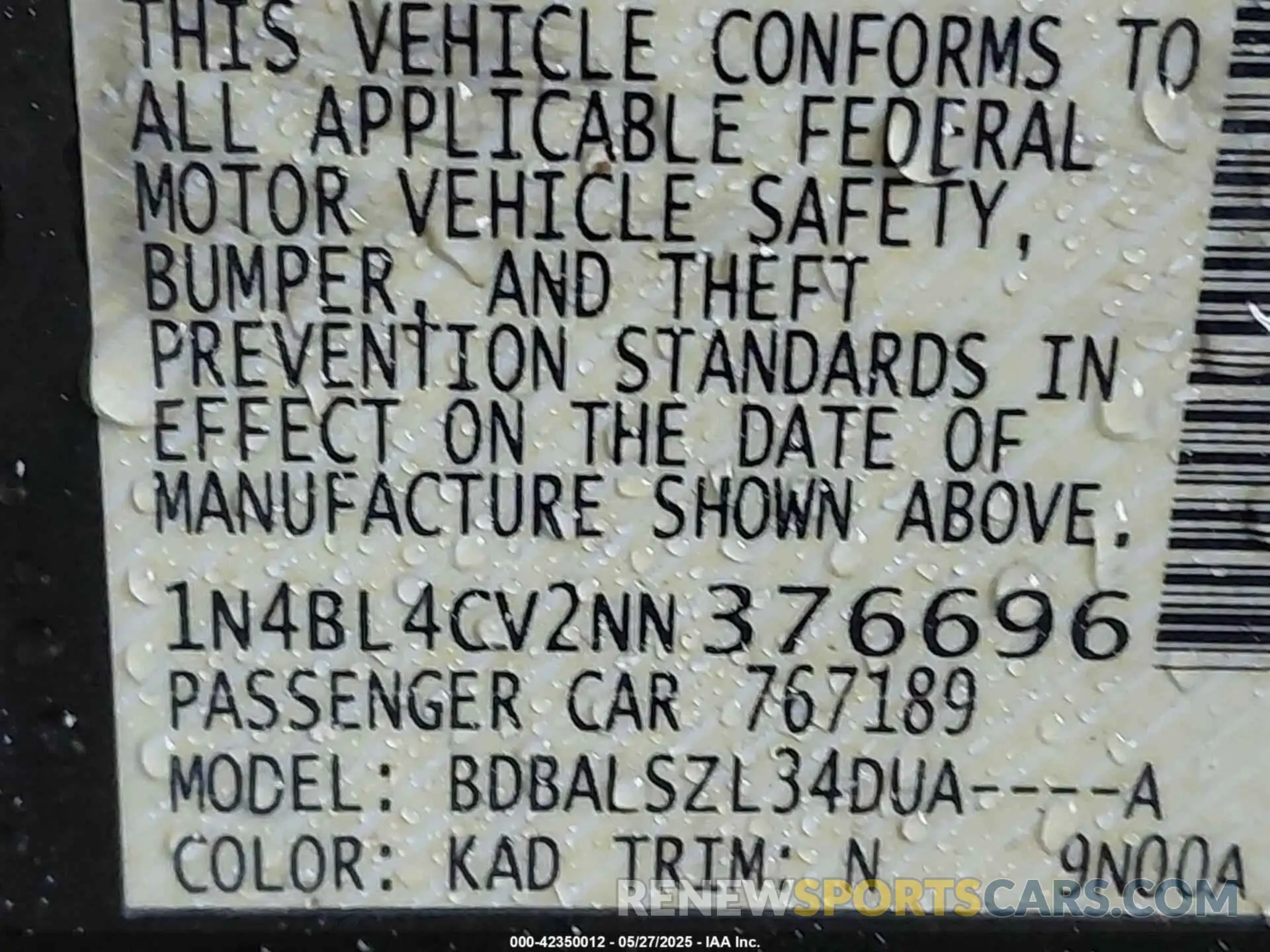 9 Photograph of a damaged car 1N4BL4CV2NN376696 NISSAN ALTIMA 2022