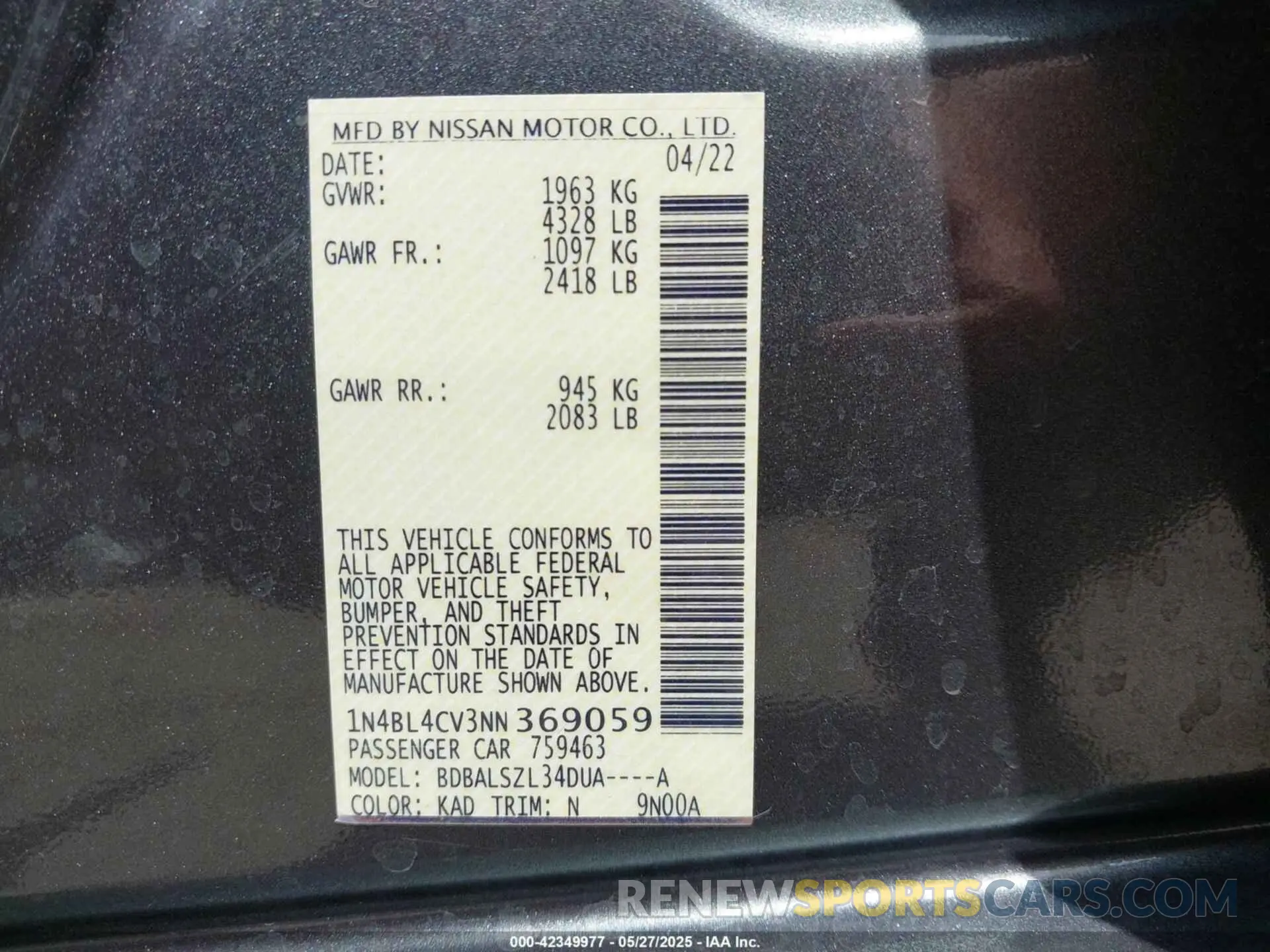 9 Фотография поврежденного автомобиля 1N4BL4CV3NN369059 NISSAN ALTIMA 2022