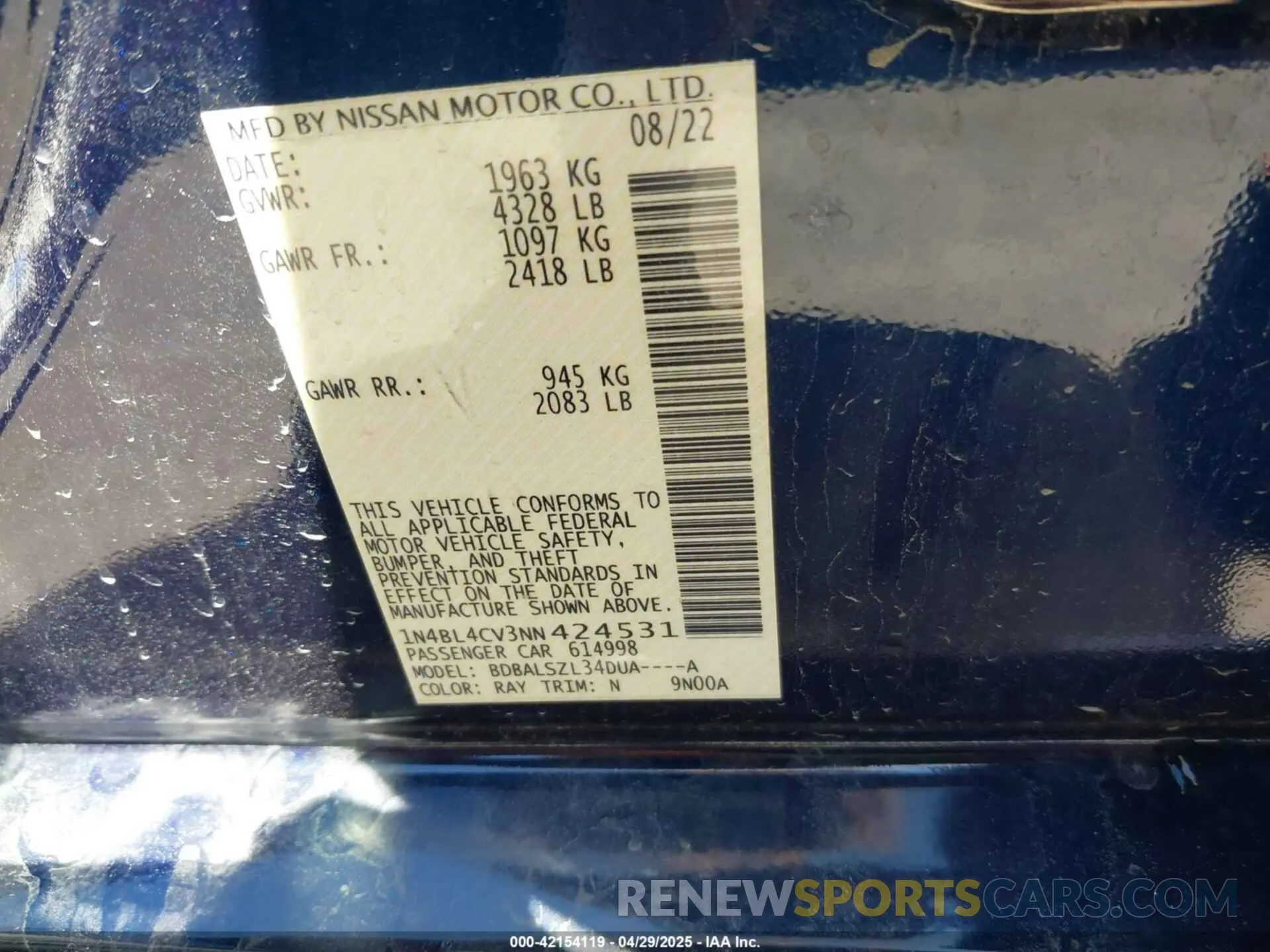 9 Photograph of a damaged car 1N4BL4CV3NN424531 NISSAN ALTIMA 2022