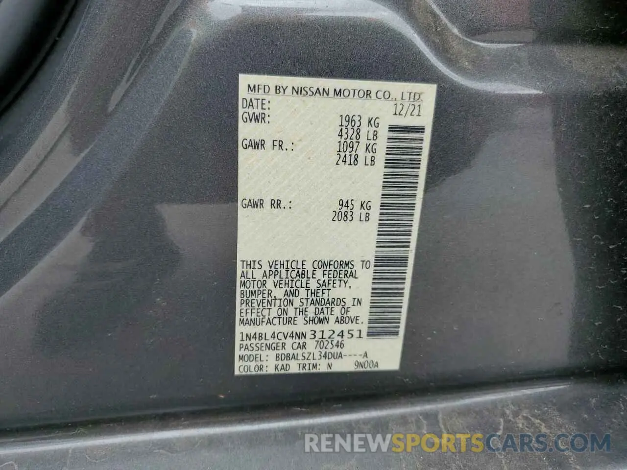 14 Photograph of a damaged car 1N4BL4CV4NN312451 NISSAN ALTIMA 2022