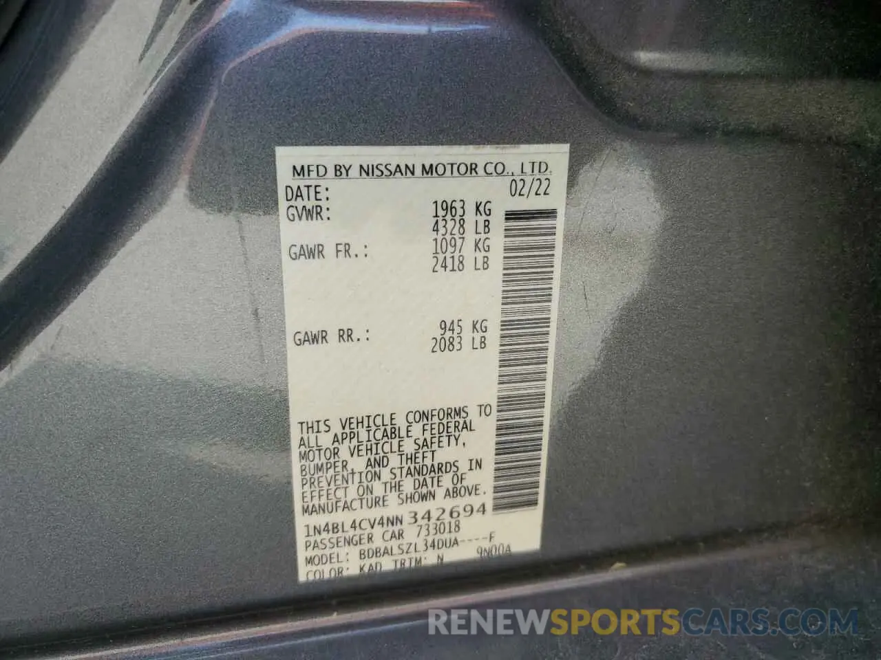 12 Фотография поврежденного автомобиля 1N4BL4CV4NN342694 NISSAN ALTIMA 2022
