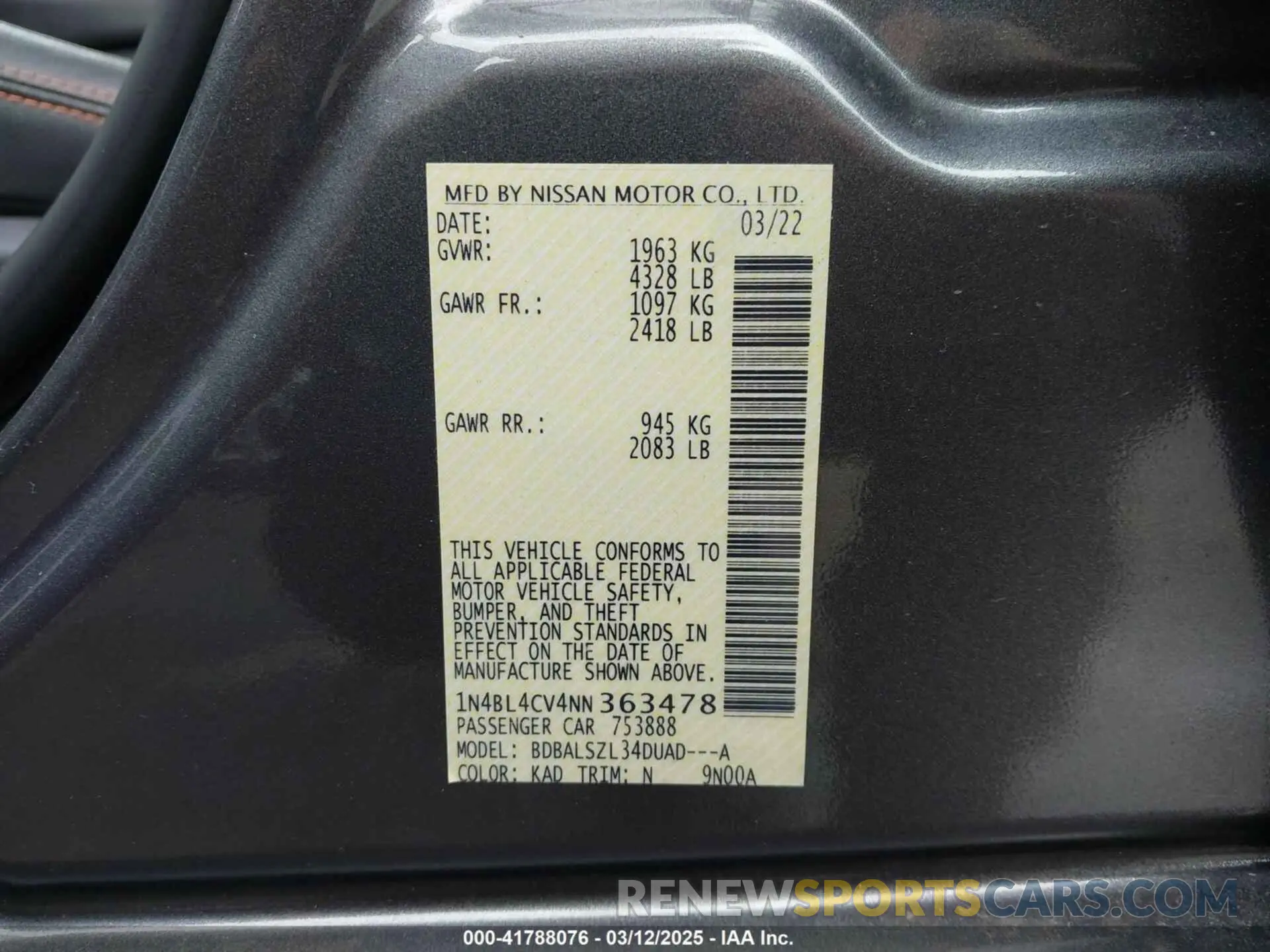 9 Фотография поврежденного автомобиля 1N4BL4CV4NN363478 NISSAN ALTIMA 2022