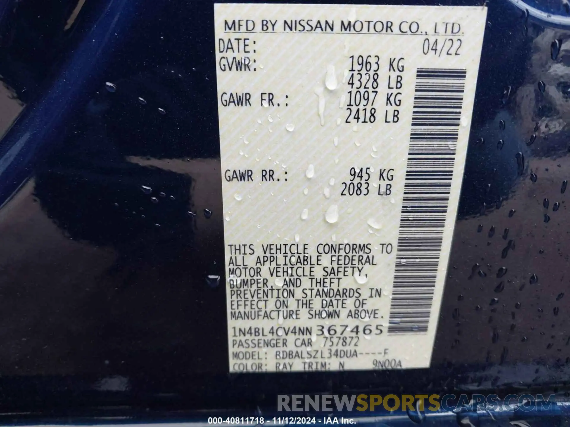 9 Фотография поврежденного автомобиля 1N4BL4CV4NN367465 NISSAN ALTIMA 2022