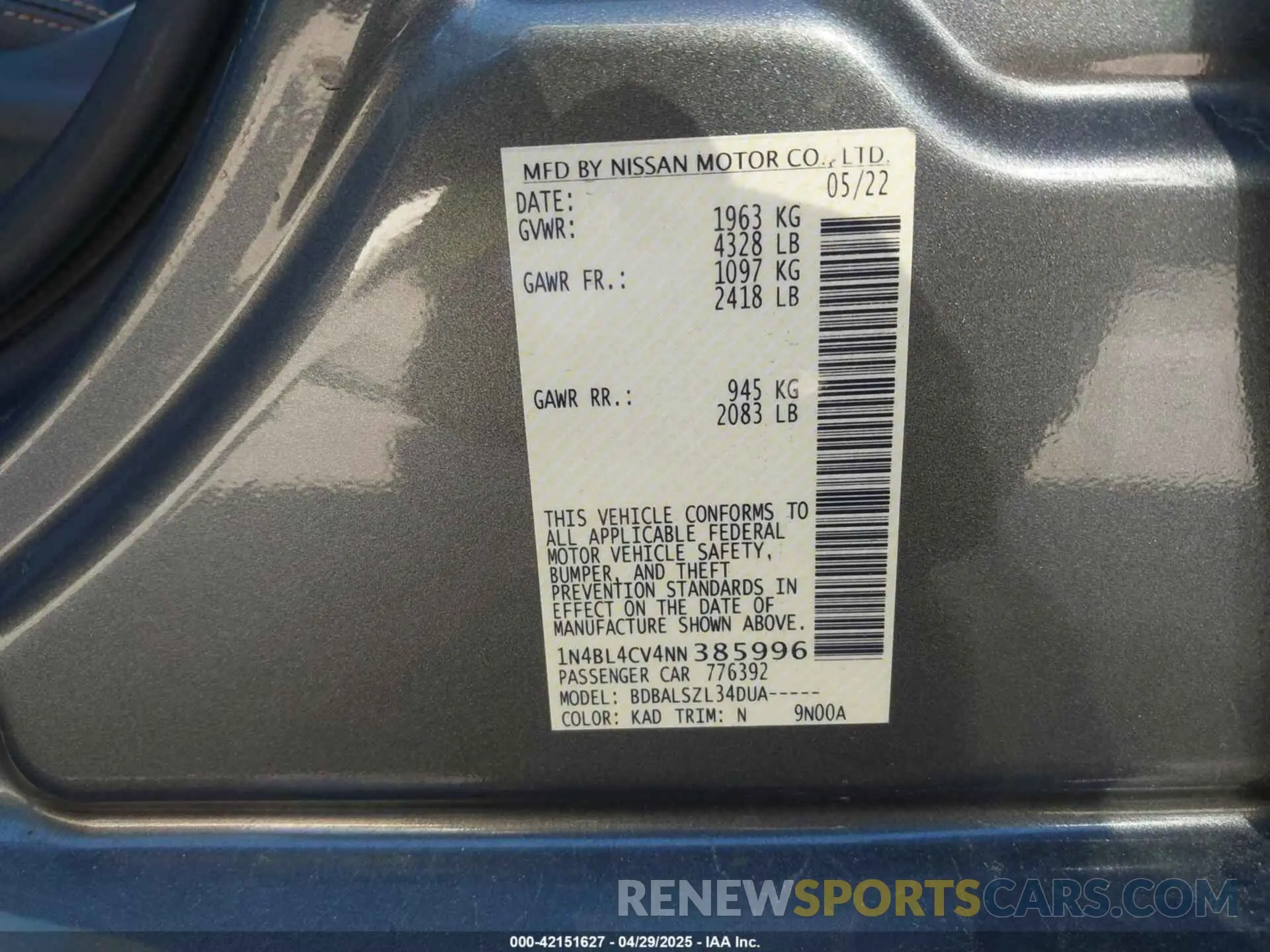 9 Photograph of a damaged car 1N4BL4CV4NN385996 NISSAN ALTIMA 2022