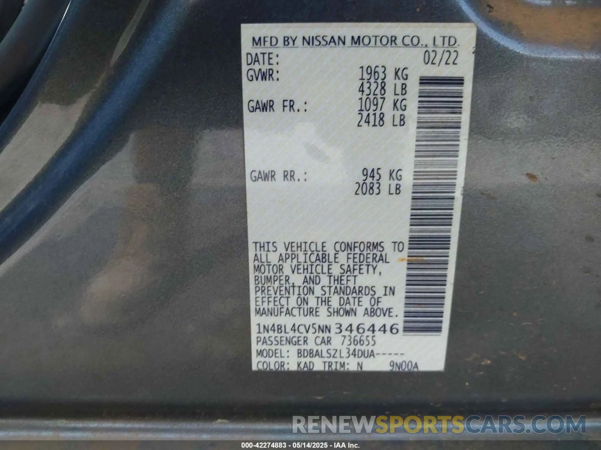 9 Photograph of a damaged car 1N4BL4CV5NN346446 NISSAN ALTIMA 2022
