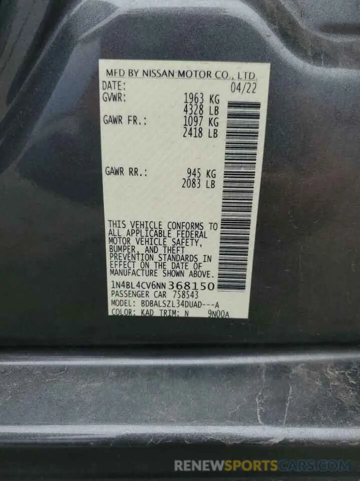 12 Photograph of a damaged car 1N4BL4CV6NN368150 NISSAN ALTIMA 2022