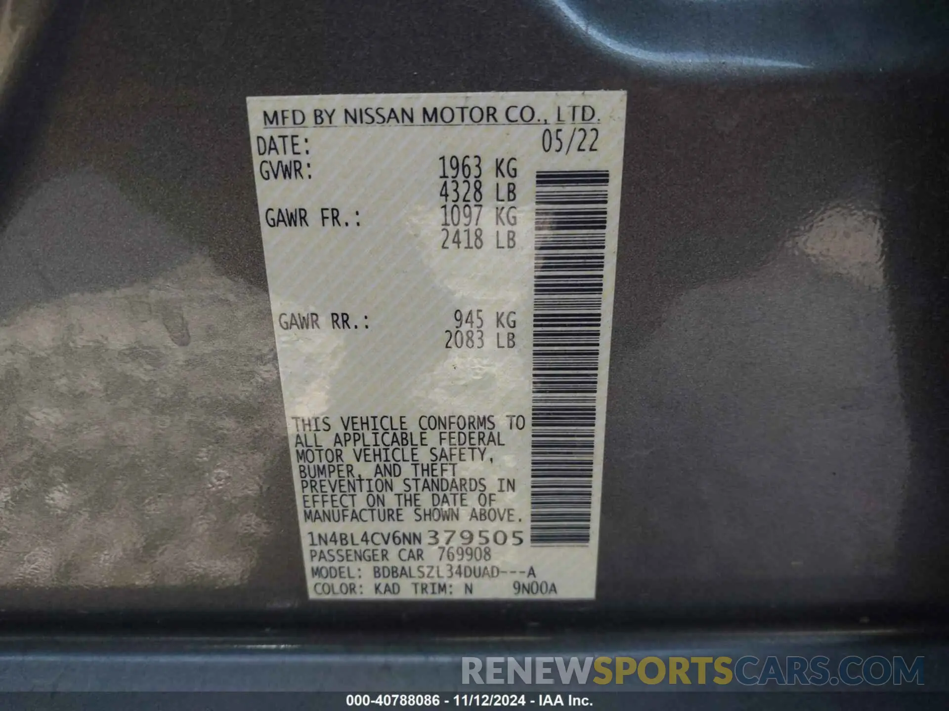 9 Фотография поврежденного автомобиля 1N4BL4CV6NN379505 NISSAN ALTIMA 2022