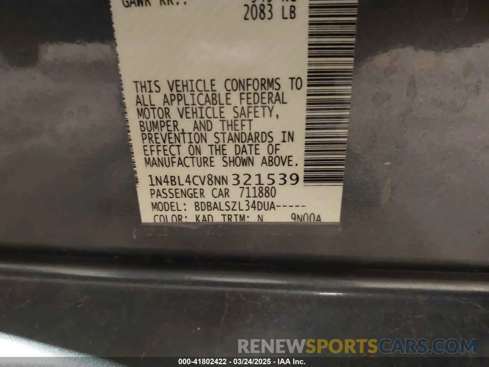 9 Photograph of a damaged car 1N4BL4CV8NN321539 NISSAN ALTIMA 2022