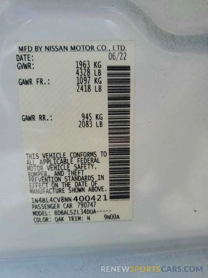 13 Photograph of a damaged car 1N4BL4CV8NN400421 NISSAN ALTIMA 2022