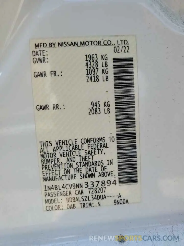 12 Photograph of a damaged car 1N4BL4CV9NN337894 NISSAN ALTIMA 2022
