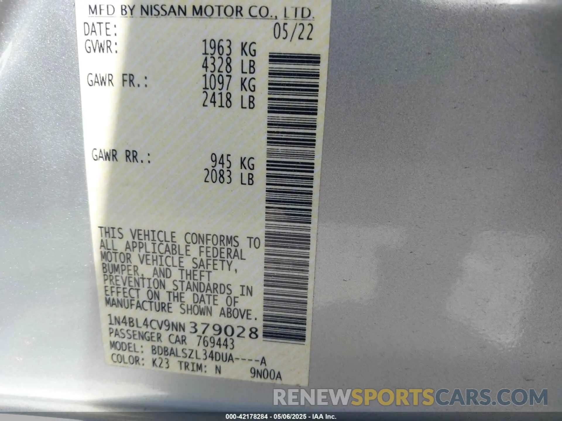 9 Фотография поврежденного автомобиля 1N4BL4CV9NN379028 NISSAN ALTIMA 2022