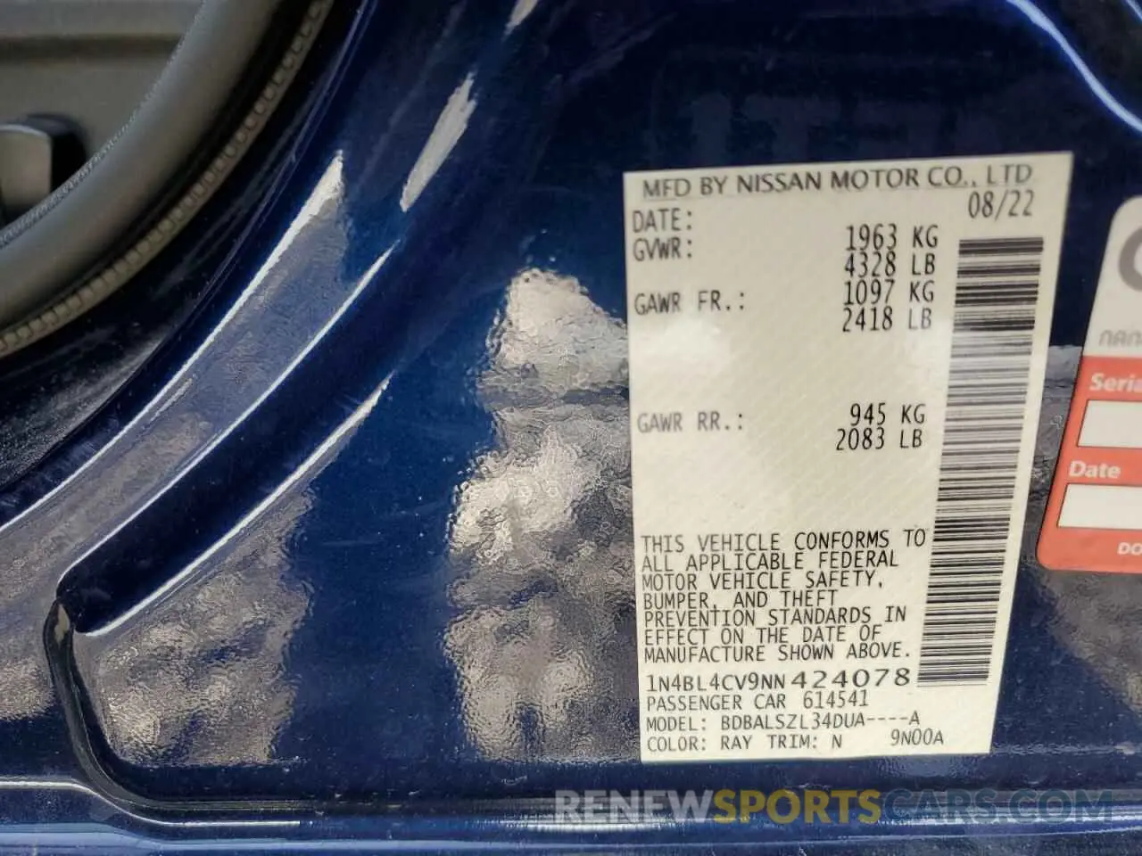 13 Photograph of a damaged car 1N4BL4CV9NN424078 NISSAN ALTIMA 2022