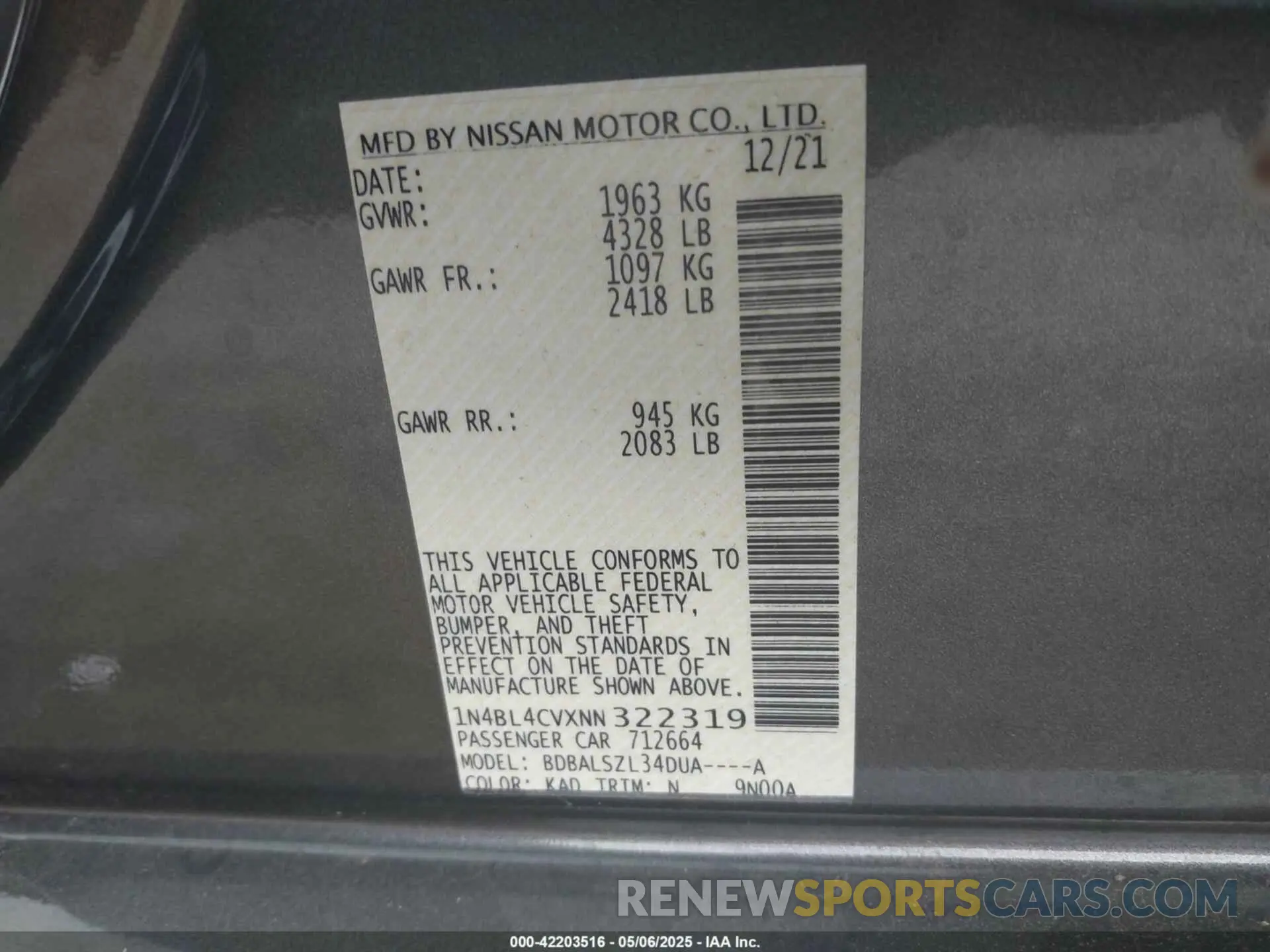 9 Фотография поврежденного автомобиля 1N4BL4CVXNN322319 NISSAN ALTIMA 2022