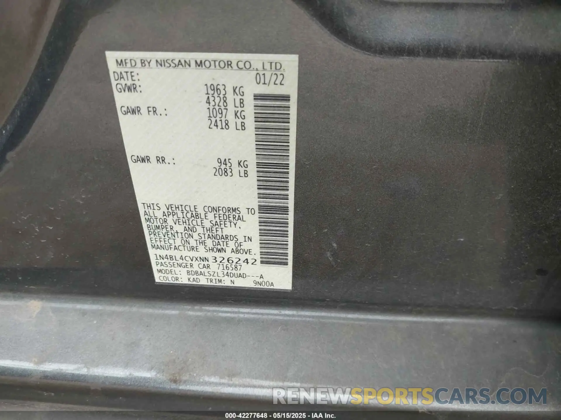 9 Photograph of a damaged car 1N4BL4CVXNN326242 NISSAN ALTIMA 2022