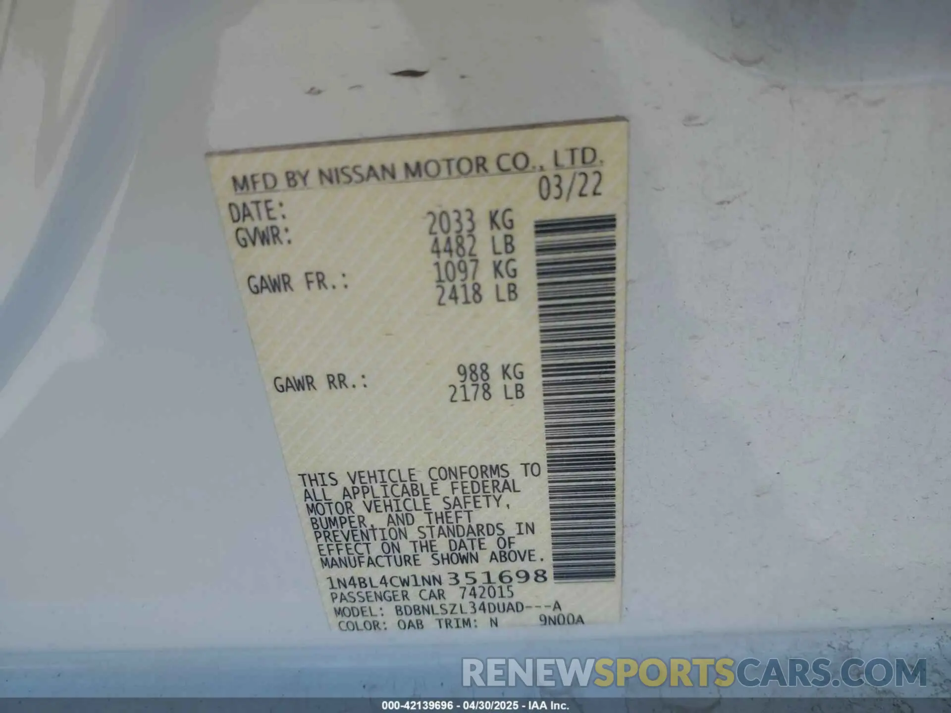 9 Photograph of a damaged car 1N4BL4CW1NN351698 NISSAN ALTIMA 2022