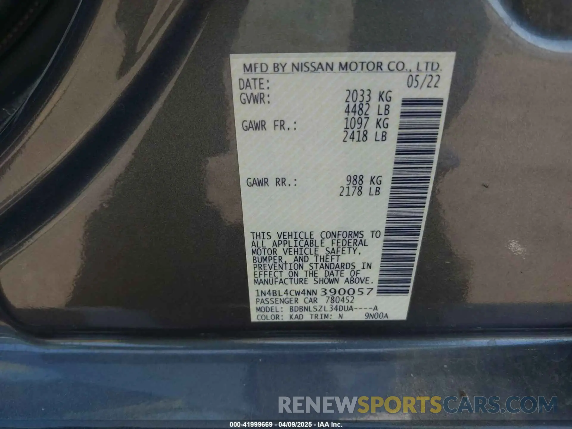 9 Фотография поврежденного автомобиля 1N4BL4CW4NN390057 NISSAN ALTIMA 2022