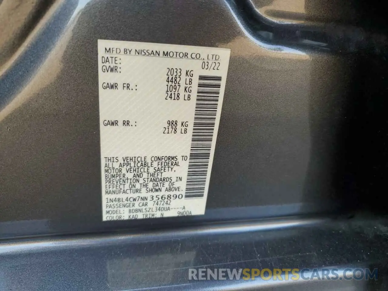 14 Photograph of a damaged car 1N4BL4CW7NN356890 NISSAN ALTIMA 2022