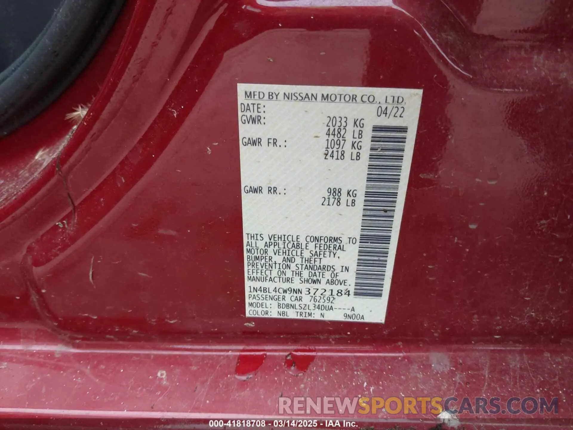 9 Photograph of a damaged car 1N4BL4CW9NN372184 NISSAN ALTIMA 2022