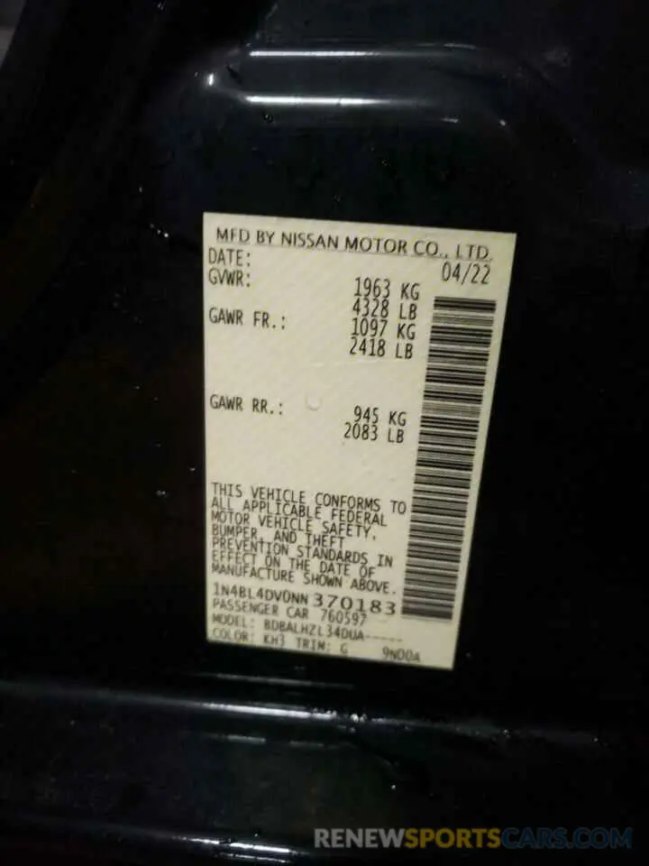 12 Фотография поврежденного автомобиля 1N4BL4DV0NN370183 NISSAN ALTIMA 2022