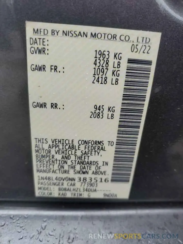 13 Фотография поврежденного автомобиля 1N4BL4DV0NN383516 NISSAN ALTIMA 2022