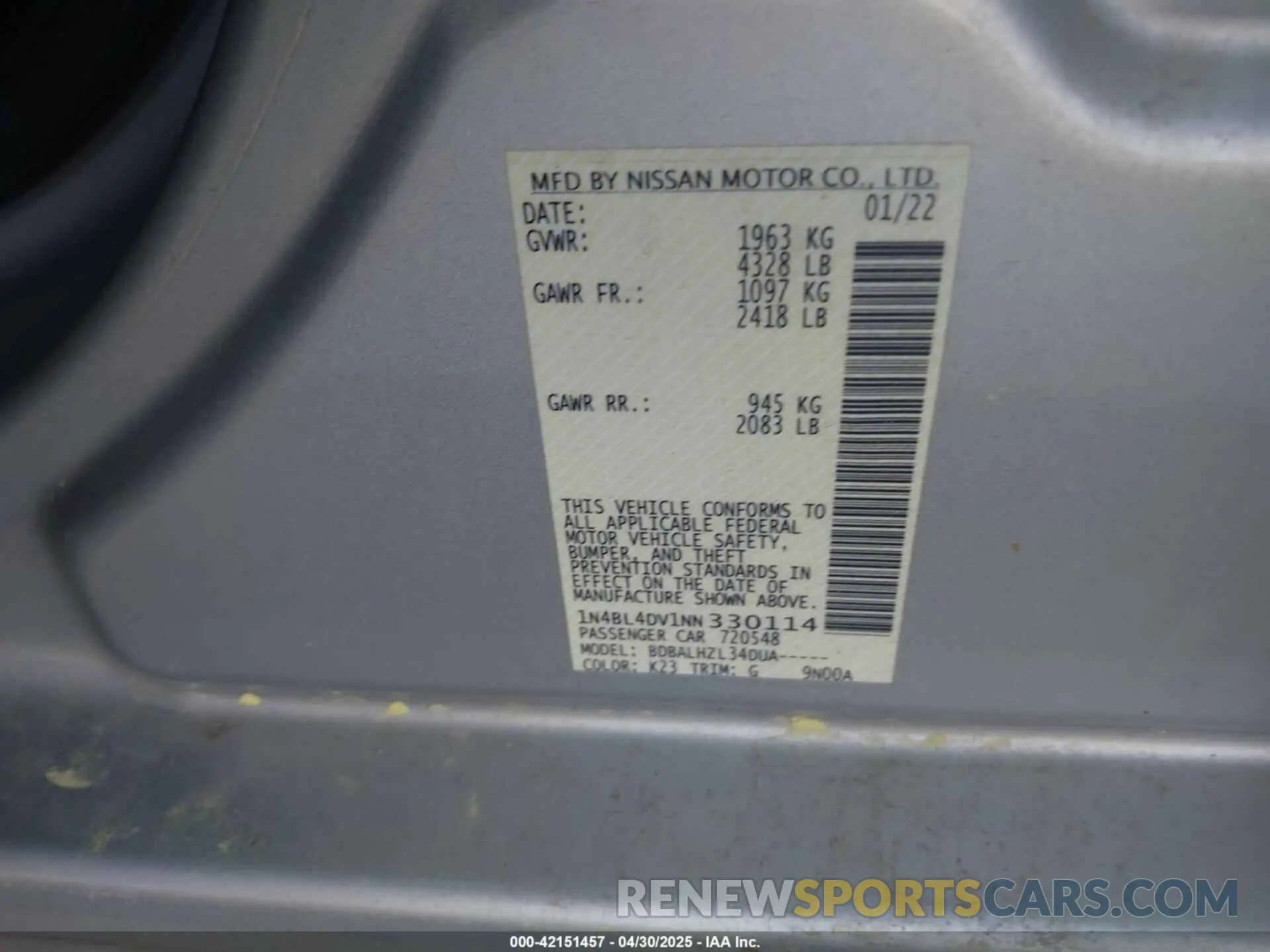 9 Фотография поврежденного автомобиля 1N4BL4DV1NN330114 NISSAN ALTIMA 2022