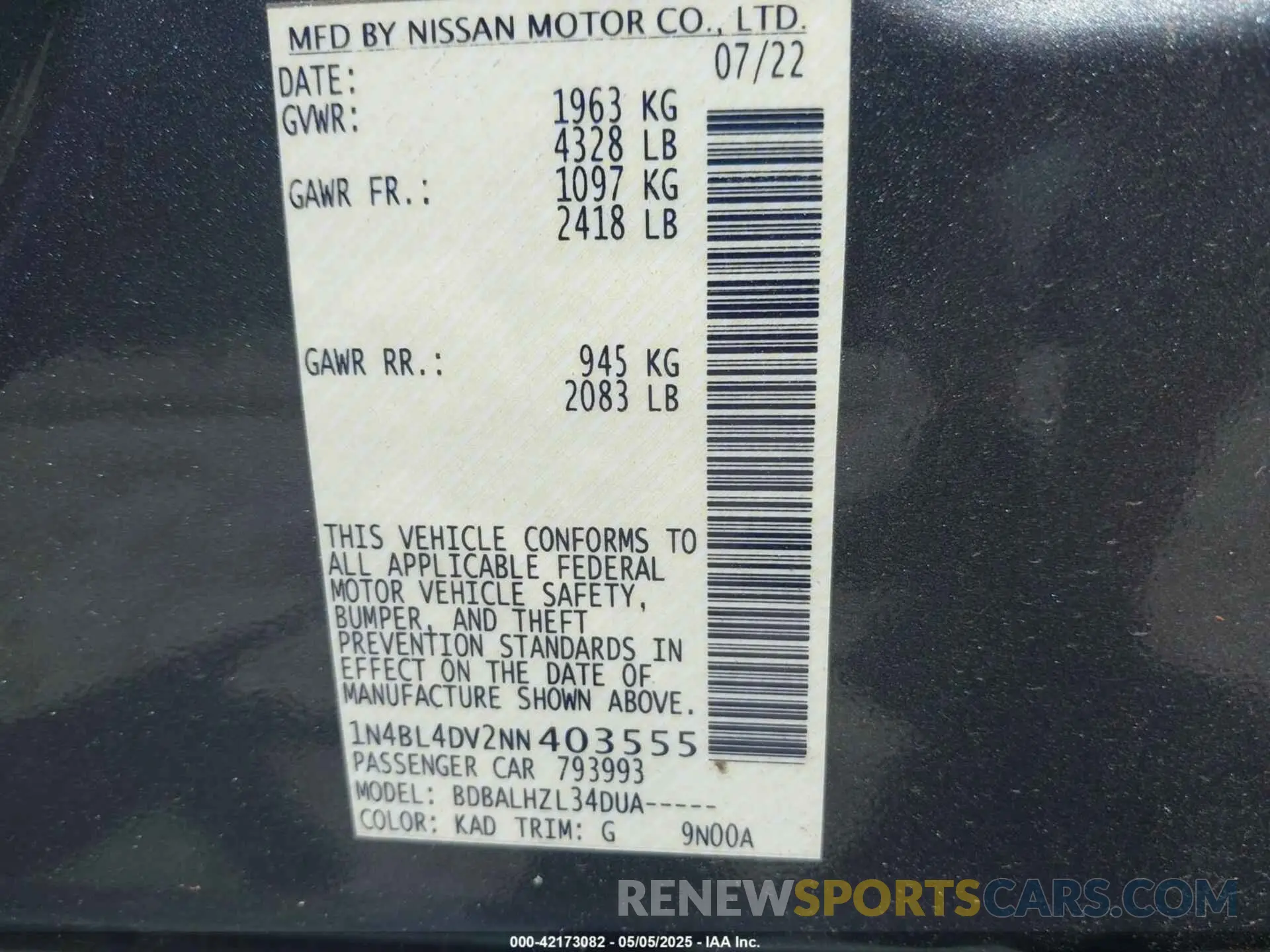 9 Фотография поврежденного автомобиля 1N4BL4DV2NN403555 NISSAN ALTIMA 2022