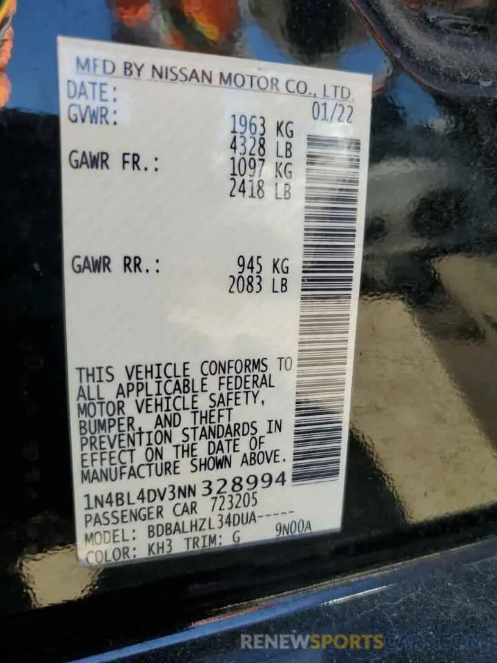 12 Фотография поврежденного автомобиля 1N4BL4DV3NN328994 NISSAN ALTIMA 2022