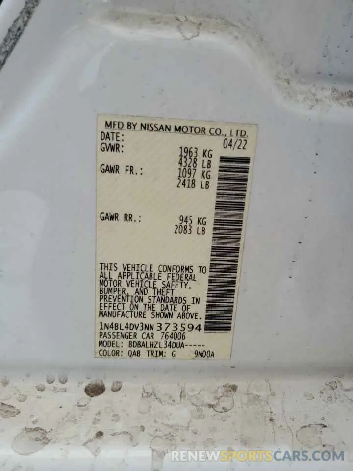 12 Photograph of a damaged car 1N4BL4DV3NN373594 NISSAN ALTIMA 2022
