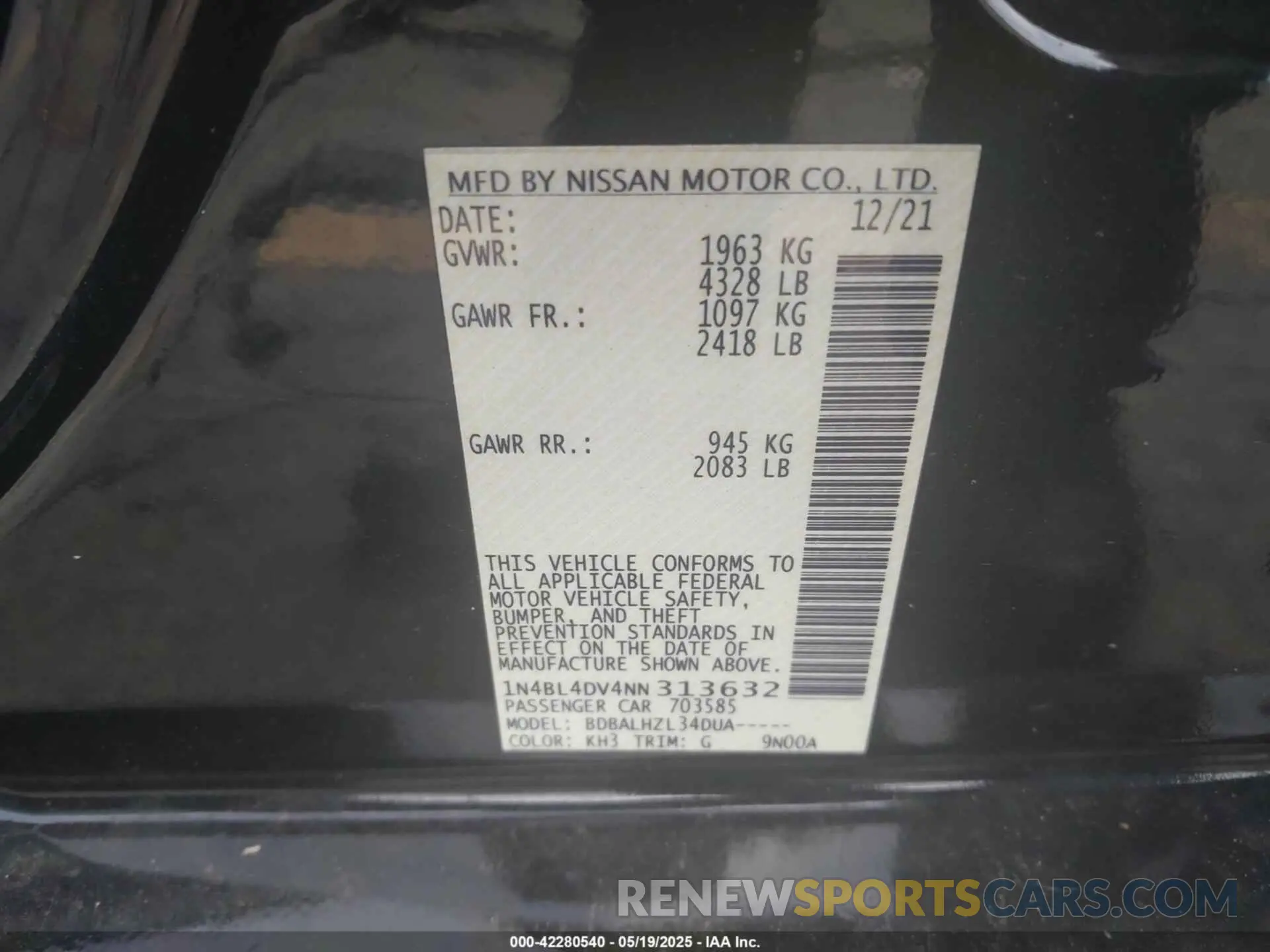 9 Photograph of a damaged car 1N4BL4DV4NN313632 NISSAN ALTIMA 2022
