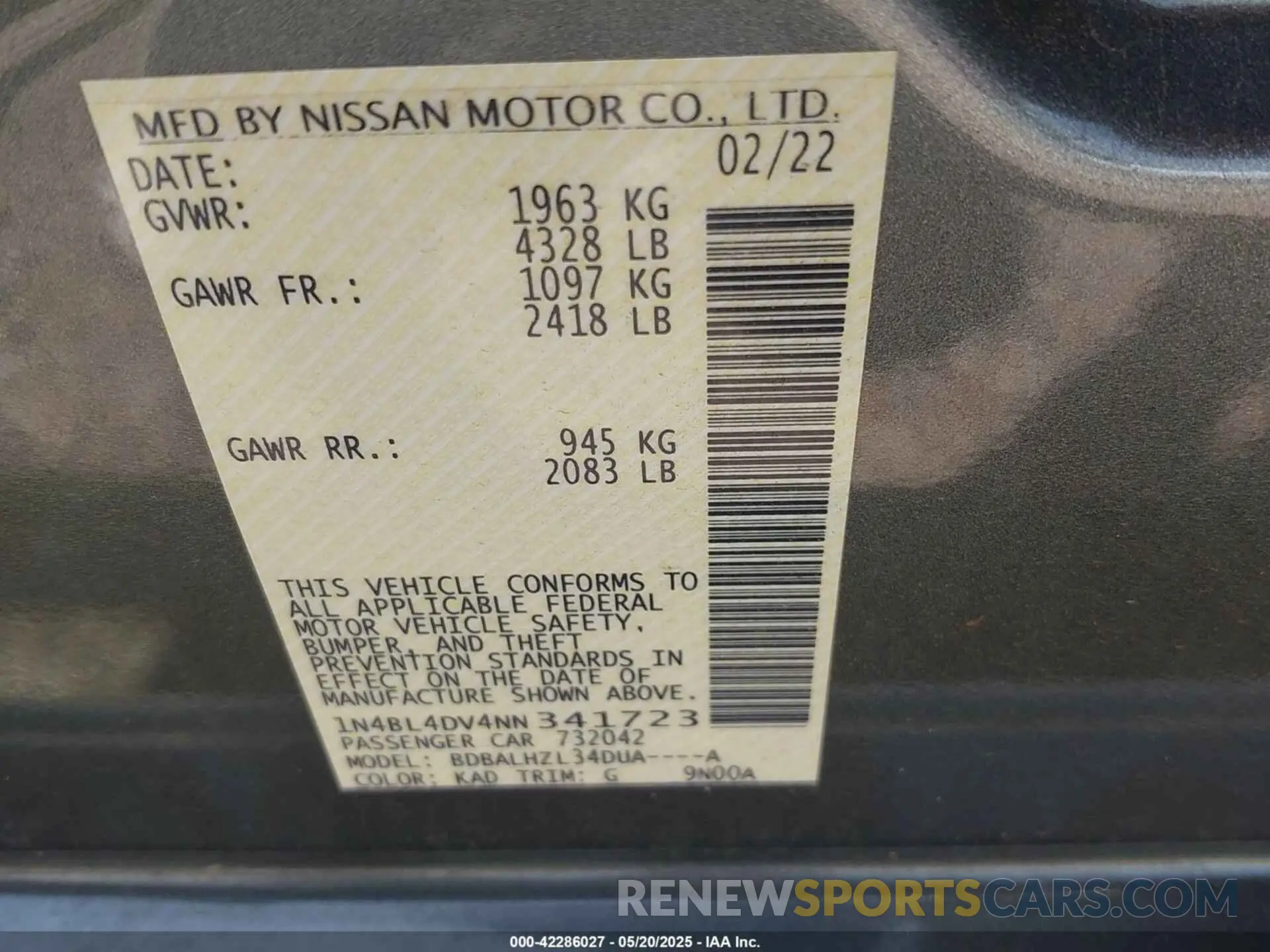 9 Photograph of a damaged car 1N4BL4DV4NN341723 NISSAN ALTIMA 2022