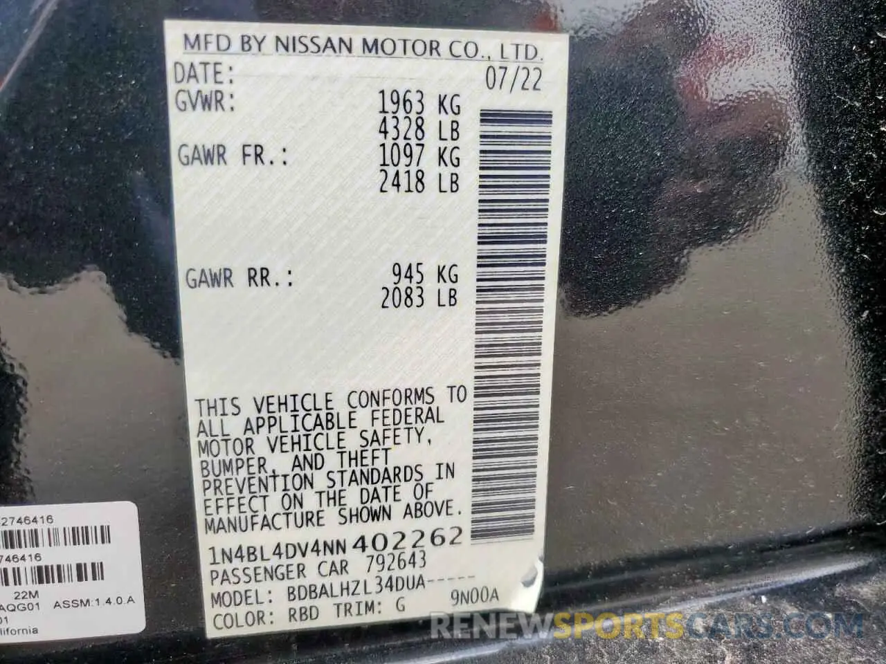 13 Фотография поврежденного автомобиля 1N4BL4DV4NN402262 NISSAN ALTIMA 2022