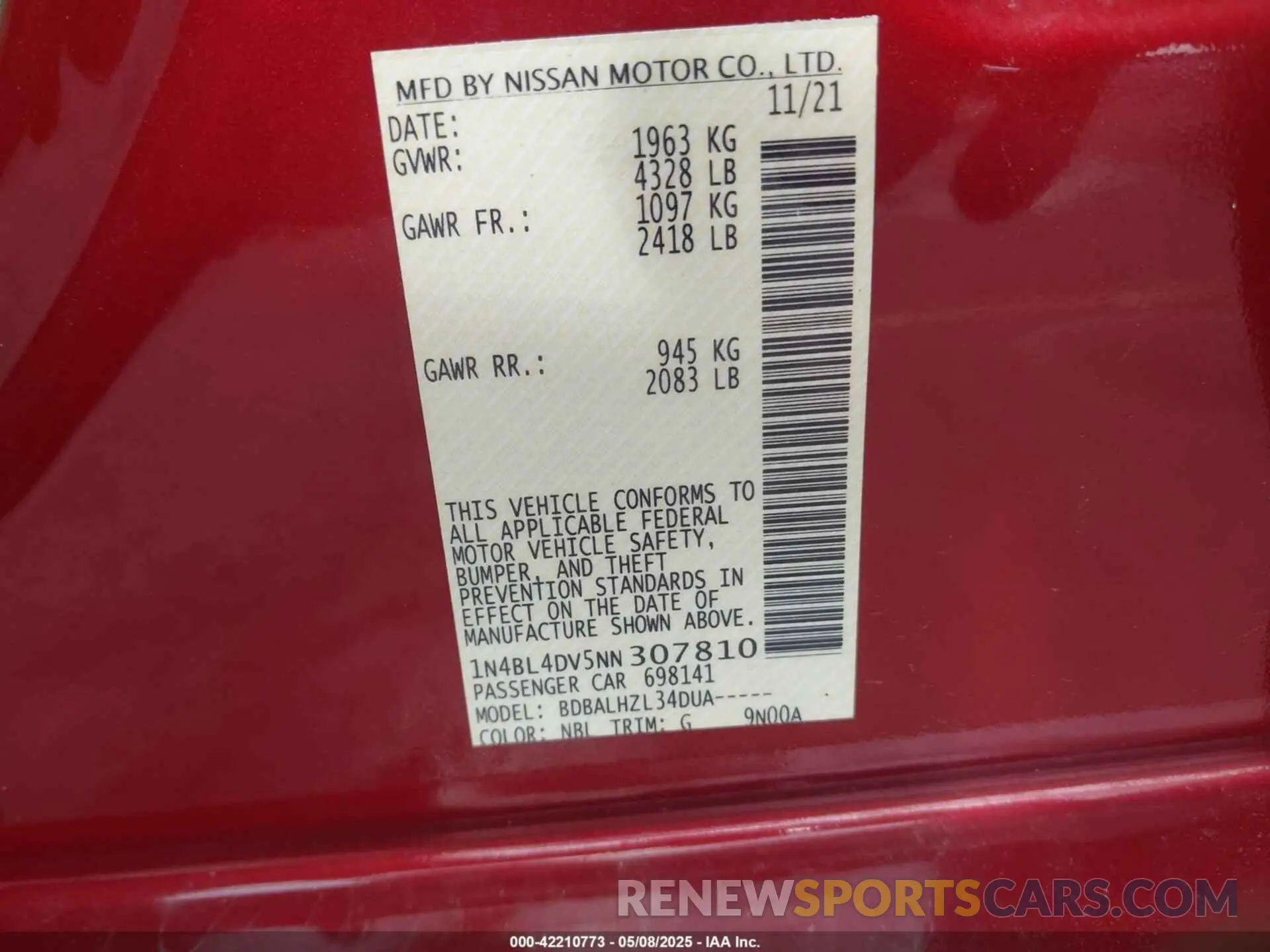 9 Фотография поврежденного автомобиля 1N4BL4DV5NN307810 NISSAN ALTIMA 2022