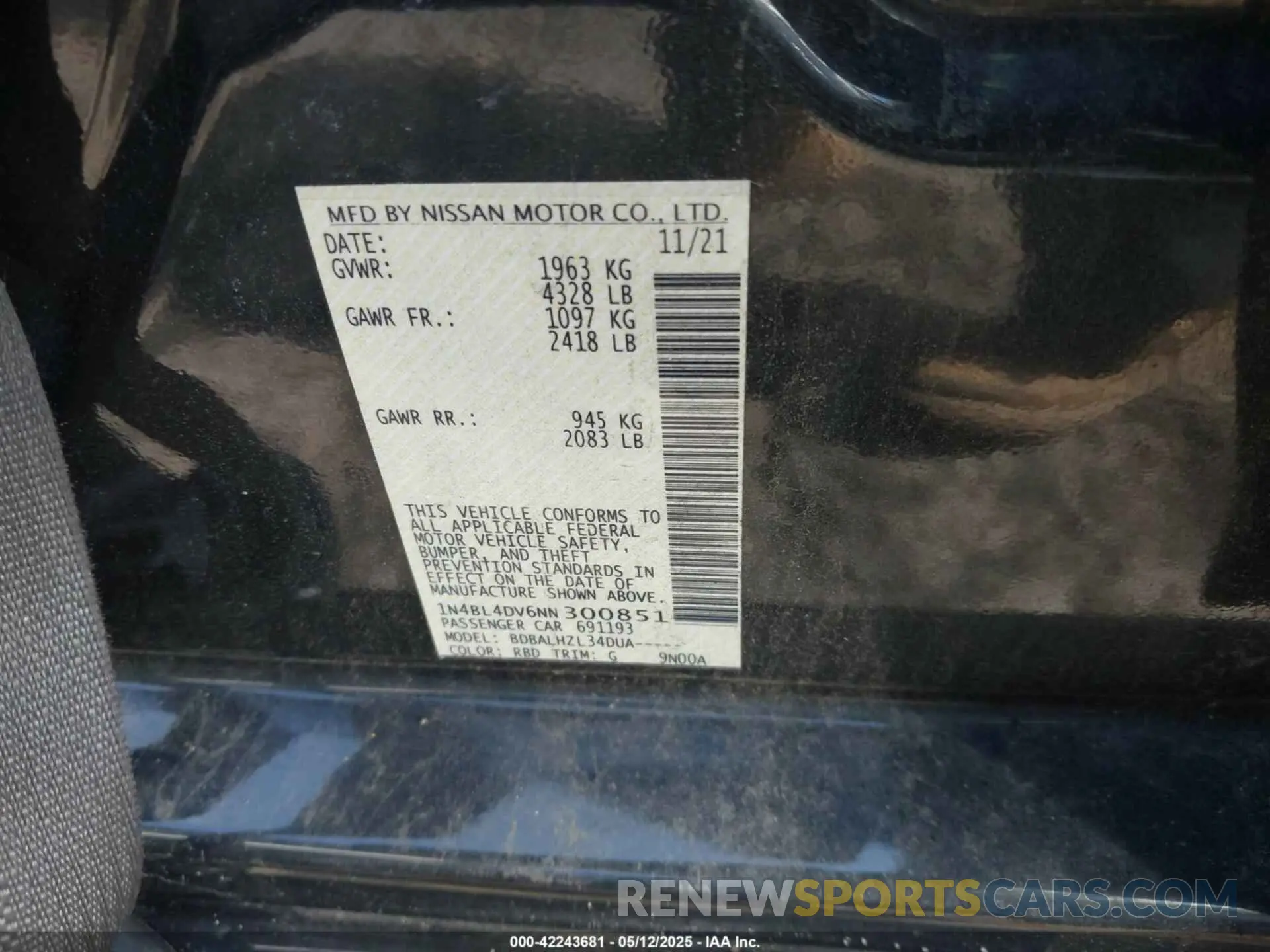 9 Photograph of a damaged car 1N4BL4DV6NN300851 NISSAN ALTIMA 2022