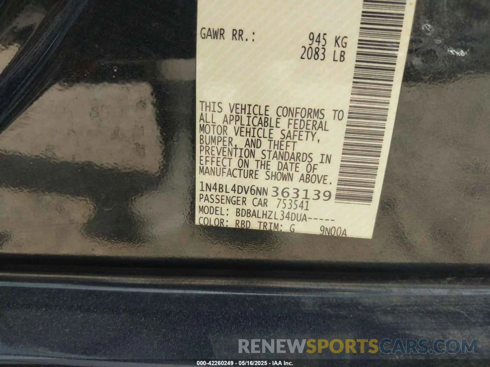 9 Photograph of a damaged car 1N4BL4DV6NN363139 NISSAN ALTIMA 2022