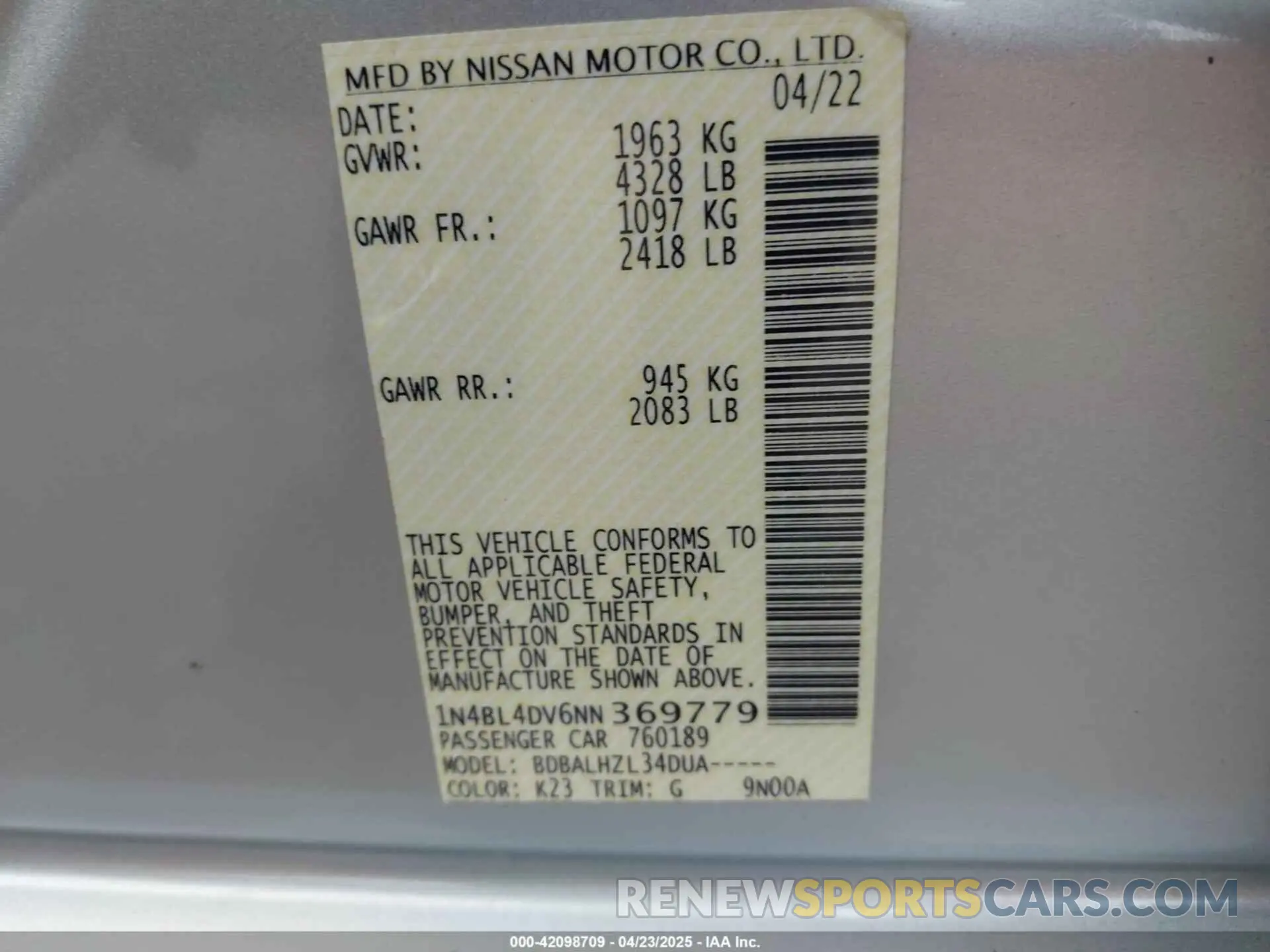 9 Фотография поврежденного автомобиля 1N4BL4DV6NN369779 NISSAN ALTIMA 2022
