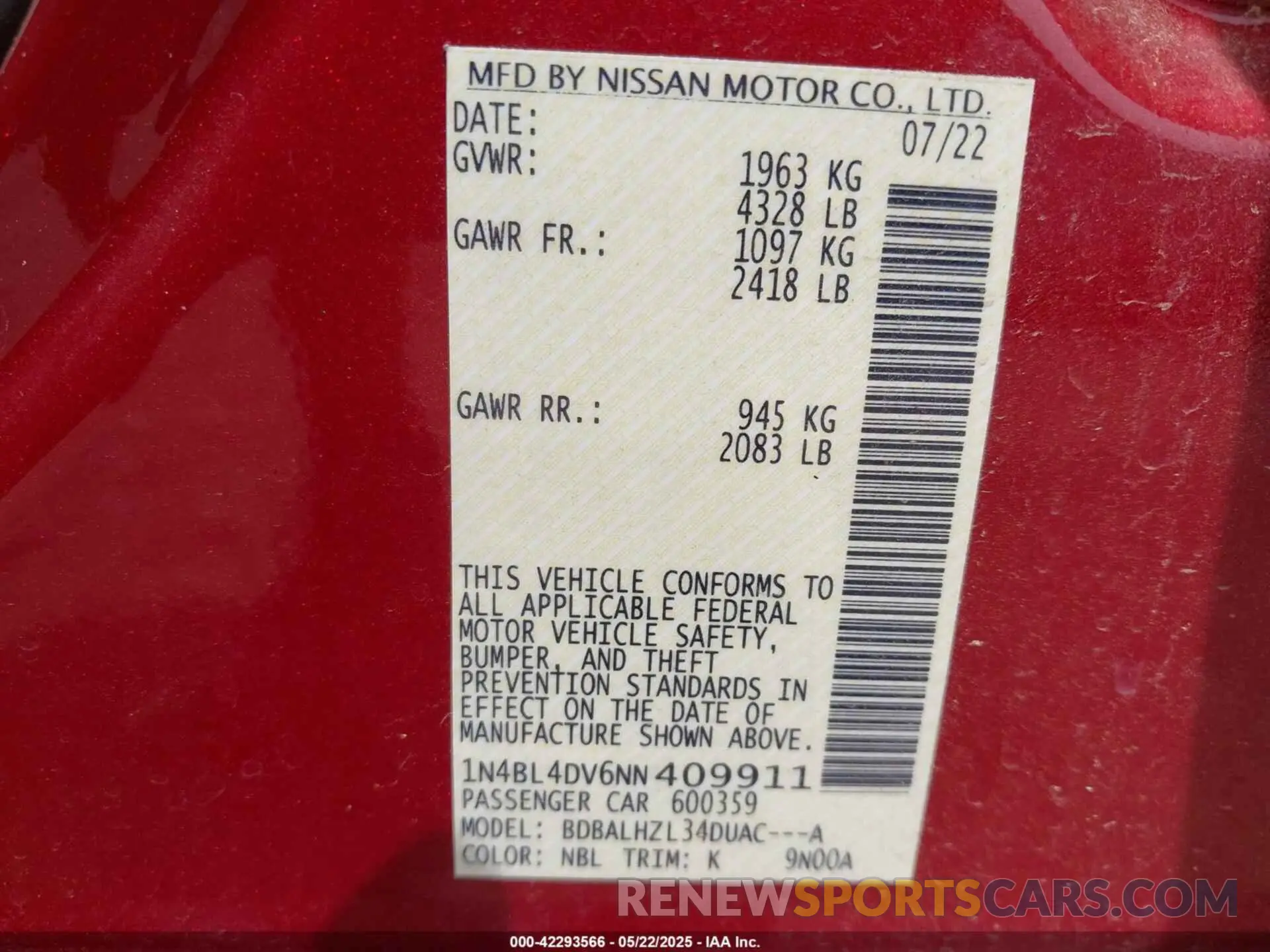 9 Photograph of a damaged car 1N4BL4DV6NN409911 NISSAN ALTIMA 2022