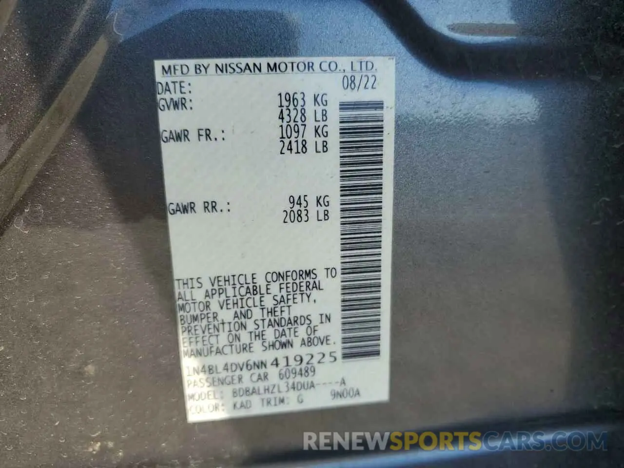 13 Photograph of a damaged car 1N4BL4DV6NN419225 NISSAN ALTIMA 2022