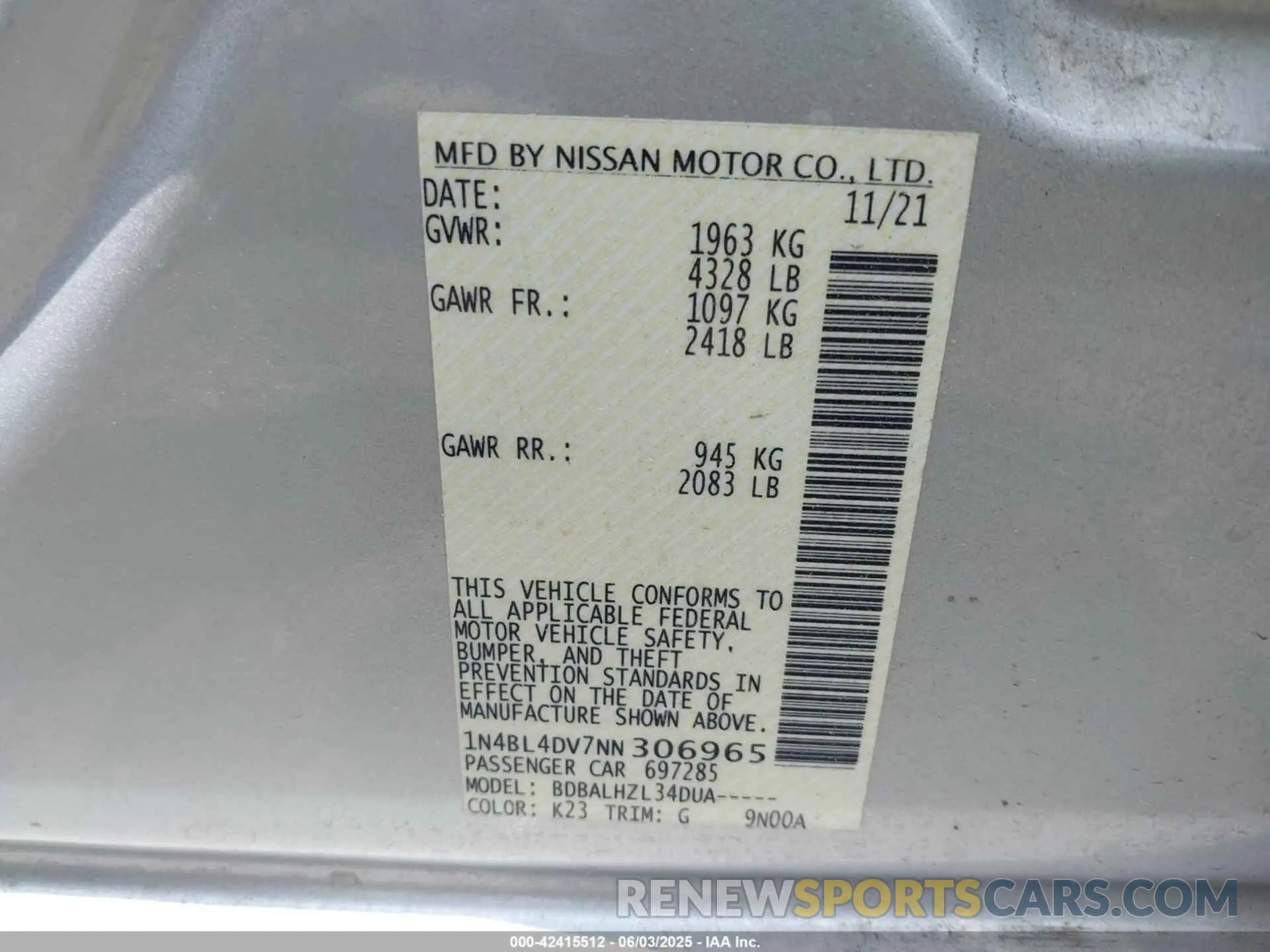 9 Фотография поврежденного автомобиля 1N4BL4DV7NN306965 NISSAN ALTIMA 2022